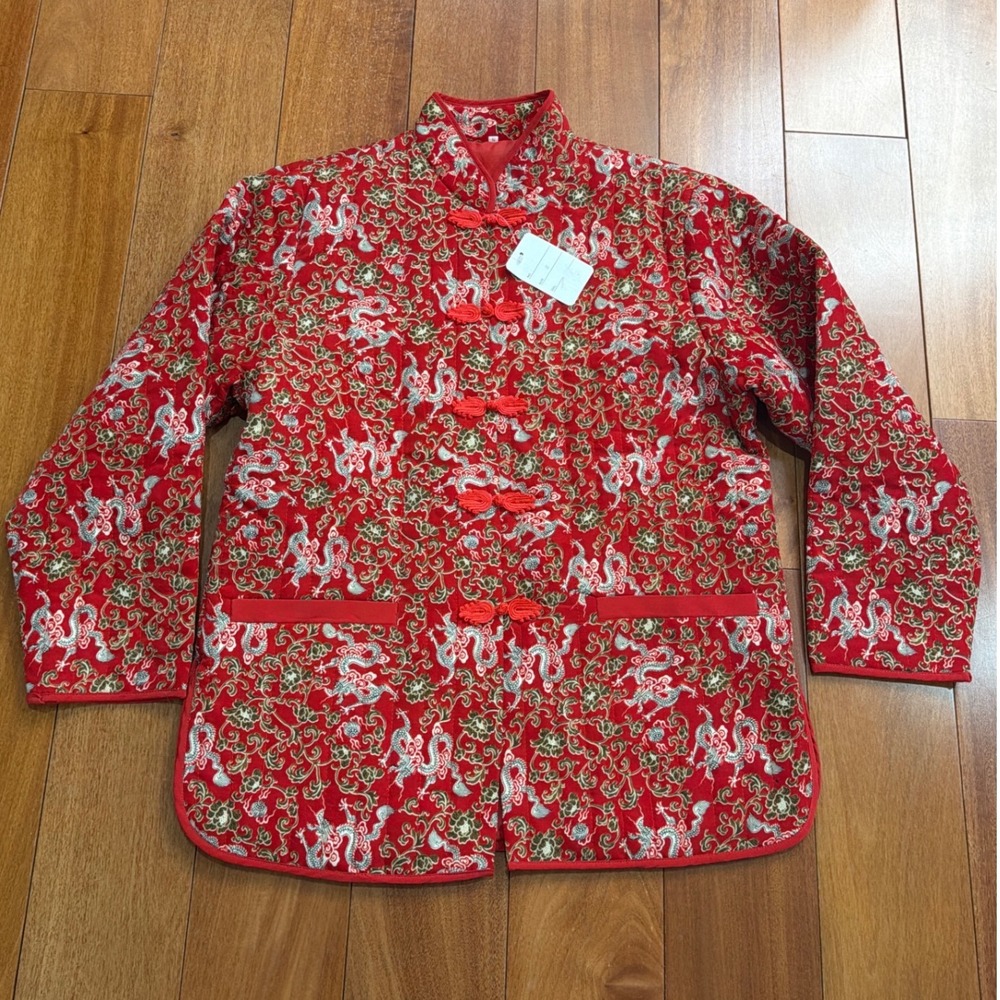 Embroidered Dragon Kimono‎ Jacket Red Cotton Mandarin Collar Women's size S